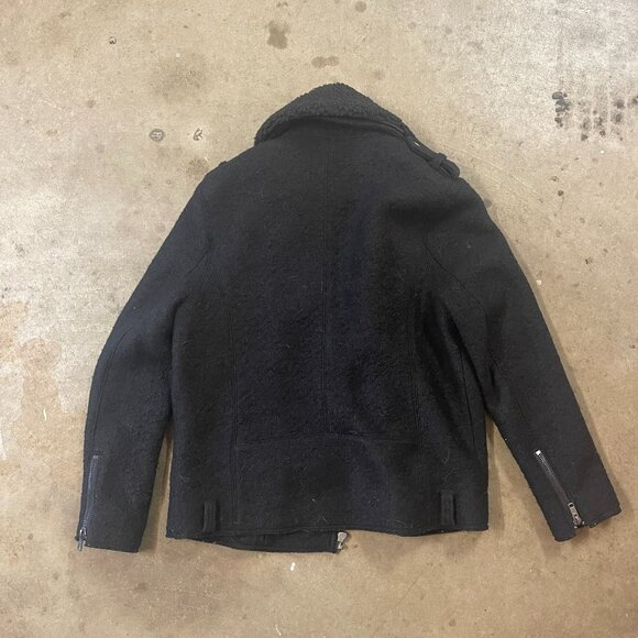 H&M Boucle Wool Blend Motorcycle Jacket Black Size L Faux Fir Collar - Picture 4 of 6